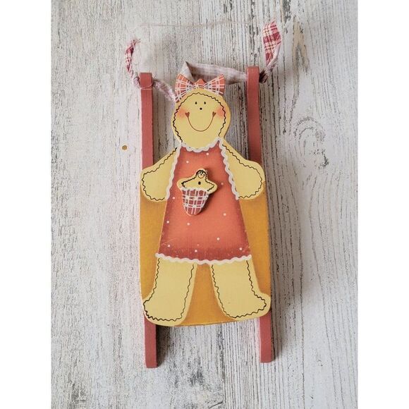 Wooden Gingerbread Girl sled ornament Xmas Decor heart - Picture 1 of 5